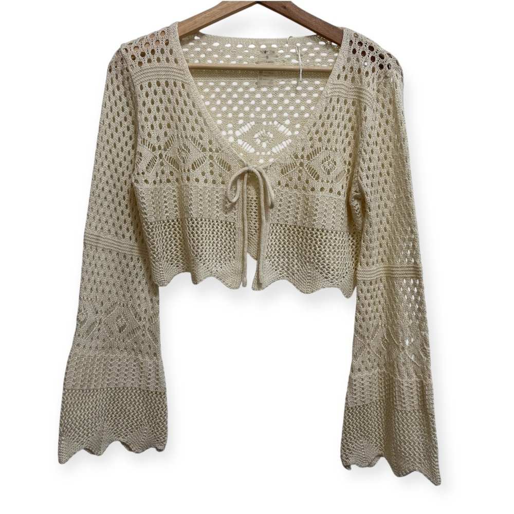 YZOYIZHI Crochet Flare Sleeve Tie Front Cropped Cardigan Small